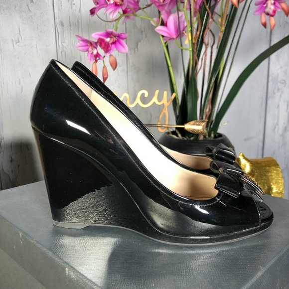 Prada Black Patent Leather PeepToe Wedge Pumps 8.5 - Picture 3 of 8